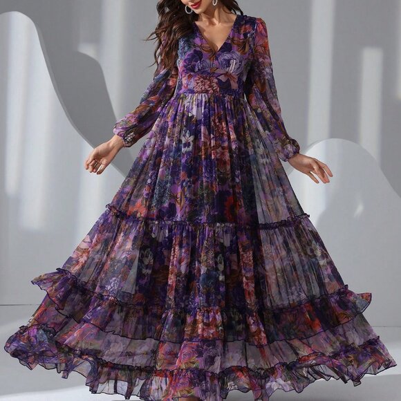 Purple Elegant Women's Floral Print long sleeved Frill Trim Maxi Dress - Picture 1 of 6